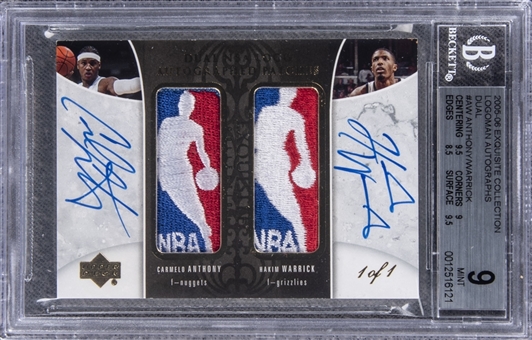 2005-06 UD "Exquisite Collection" Logoman Autographs Dual #AW Carmelo Anthony/Hakim Warrick Dual-Signed Game Used Logoman Patch Card (#1/1) – BGS MINT 9/BGS 10